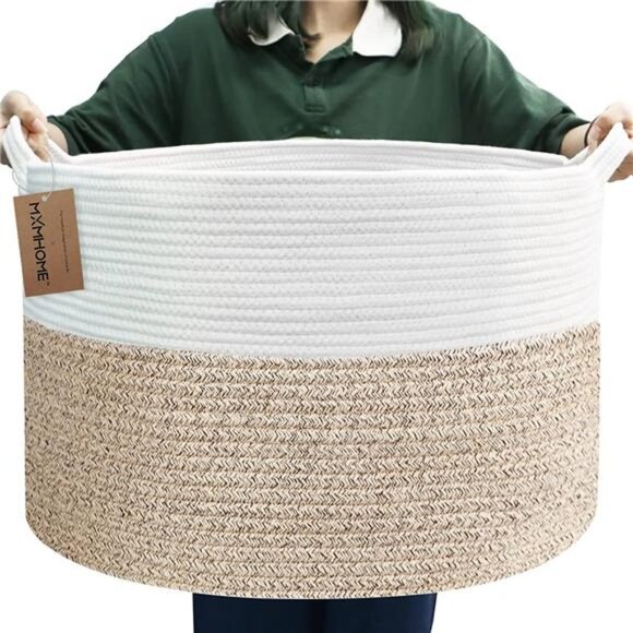 Large Cotton Rope Basket, 23.6" X 23.6" X 14.1" Extra Large Woven Baskets